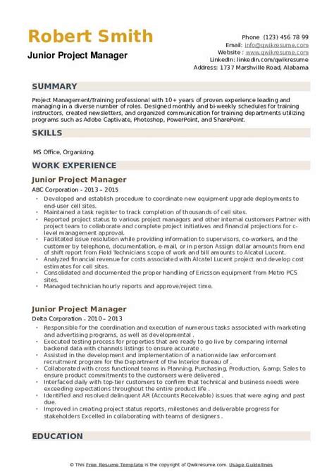 junior project manager resume